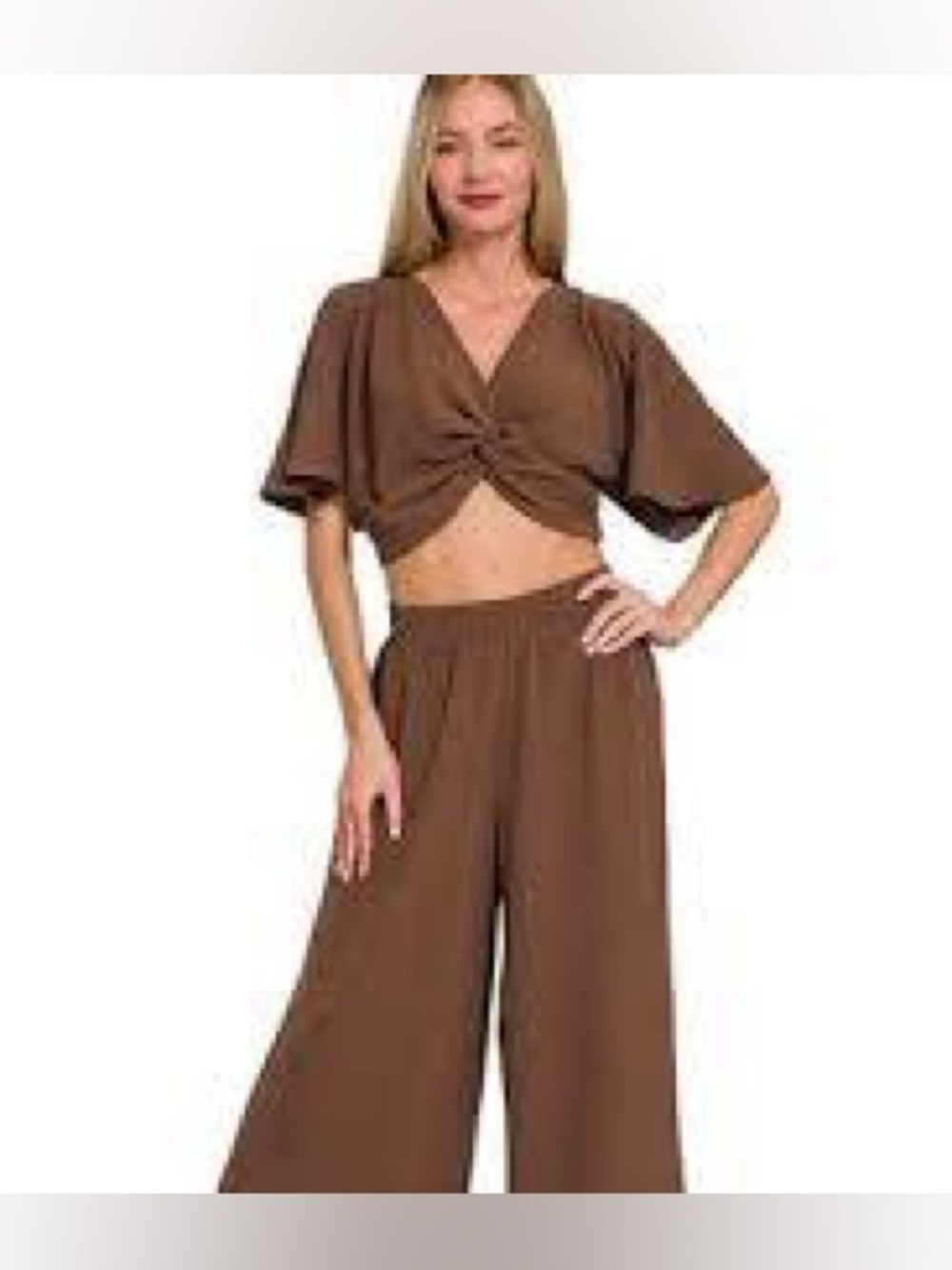 Zenana Twist Flow Air Wide-Leg Pants & Twist Crop Top 2pcs Set